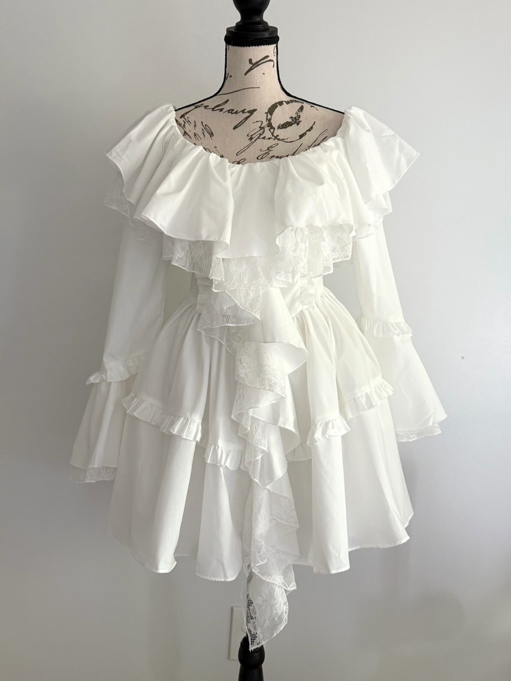 ASOS Luxe White Lace Off Shoulder Ruffle Skater Mini Dress US 2 Bridal